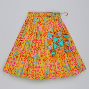 Mustard floral printed mirrow work and embroidered blouse with floral printed ghagara set 5