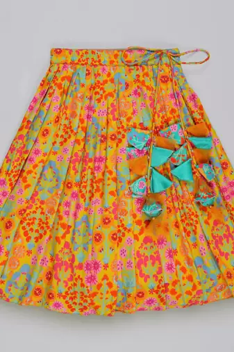Mustard floral printed mirrow work and embroidered blouse with floral printed ghagara set