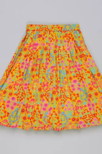 Mustard floral printed mirrow work and embroidered blouse with floral printed ghagara set