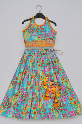 Blue floral printed mirrow work and embroidered blouse with floral printed ghagara set
