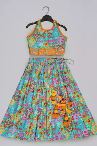 Blue floral printed mirrow work and embroidered blouse with floral printed ghagara set