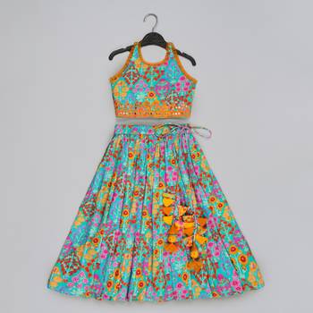 Blue floral printed mirrow work and embroidered blouse with floral printed ghagara set 1