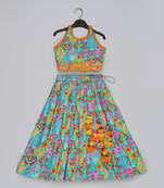 Blue floral printed mirrow work and embroidered blouse with floral printed ghagara set