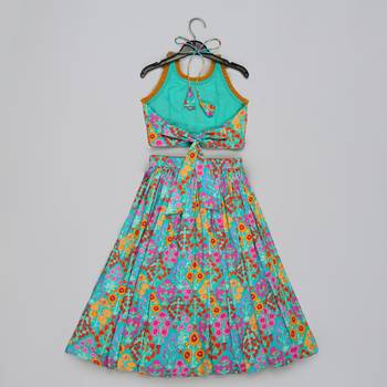 Blue floral printed mirrow work and embroidered blouse with floral printed ghagara set 2