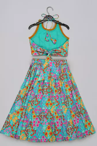 Blue floral printed mirrow work and embroidered blouse with floral printed ghagara set