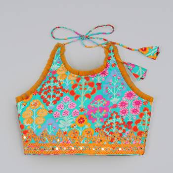Blue floral printed mirrow work and embroidered blouse with floral printed ghagara set 3