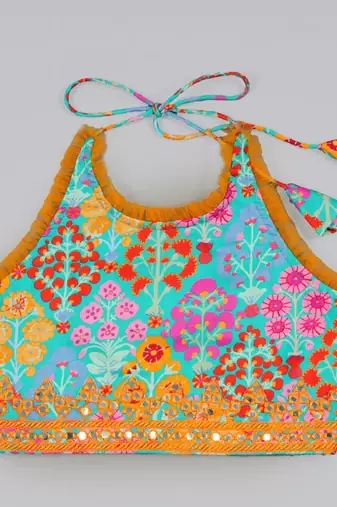 Blue floral printed mirrow work and embroidered blouse with floral printed ghagara set
