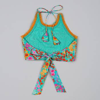 Blue floral printed mirrow work and embroidered blouse with floral printed ghagara set 4