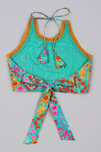 Blue floral printed mirrow work and embroidered blouse with floral printed ghagara set