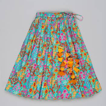 Blue floral printed mirrow work and embroidered blouse with floral printed ghagara set 5