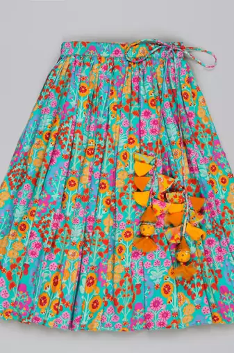 Blue floral printed mirrow work and embroidered blouse with floral printed ghagara set