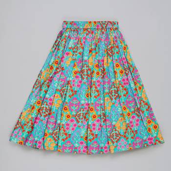 Blue floral printed mirrow work and embroidered blouse with floral printed ghagara set 6