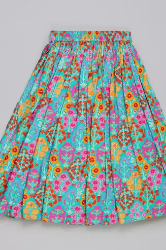 Blue floral printed mirrow work and embroidered blouse with floral printed ghagara set