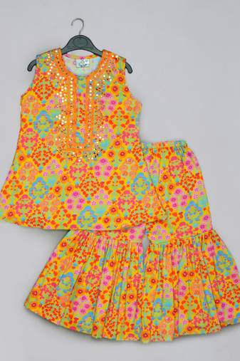 Mustard floral printed mirrow work and embroidered top with floral printed sharara set