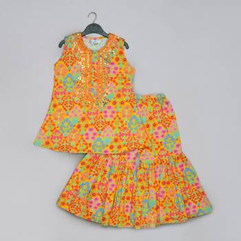 Mustard floral printed mirrow work and embroidered top with floral printed sharara set 1
