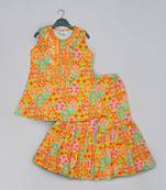 Mustard floral printed mirrow work and embroidered top with floral printed sharara set