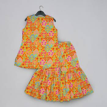Mustard floral printed mirrow work and embroidered top with floral printed sharara set 2