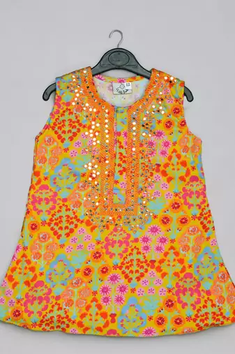 Mustard floral printed mirrow work and embroidered top with floral printed sharara set