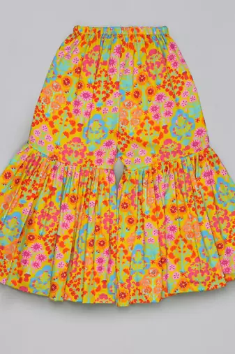 Mustard floral printed mirrow work and embroidered top with floral printed sharara set