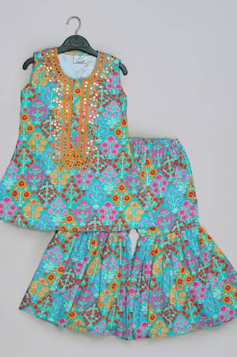 Blue floral printed mirrow work and embroidered top with floral printed sharara set