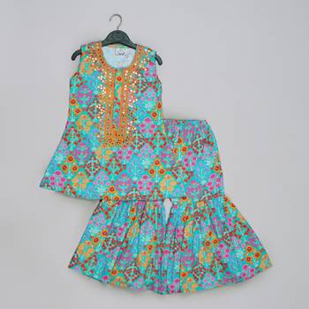 Blue floral printed mirrow work and embroidered top with floral printed sharara set 1