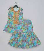 Blue floral printed mirrow work and embroidered top with floral printed sharara set