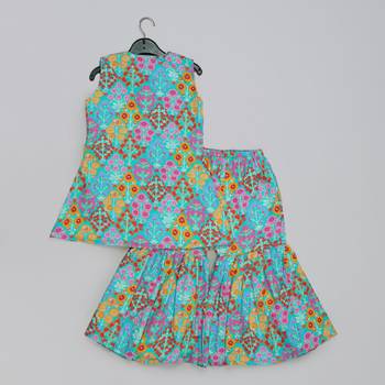 Blue floral printed mirrow work and embroidered top with floral printed sharara set 2