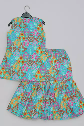 Blue floral printed mirrow work and embroidered top with floral printed sharara set