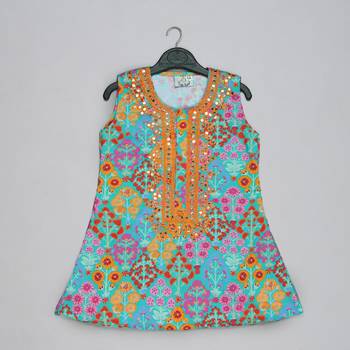 Blue floral printed mirrow work and embroidered top with floral printed sharara set 3