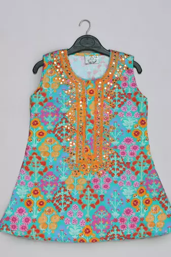 Blue floral printed mirrow work and embroidered top with floral printed sharara set