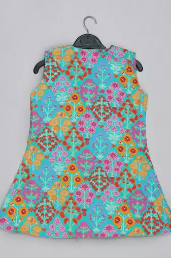 Blue floral printed mirrow work and embroidered top with floral printed sharara set