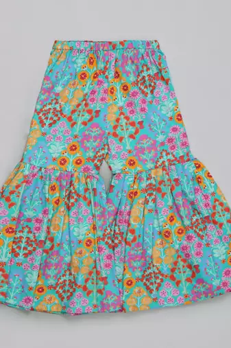 Blue floral printed mirrow work and embroidered top with floral printed sharara set