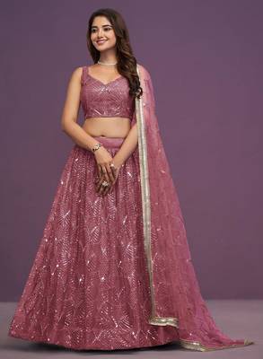 Pink Net sequin Embroidery Work Lehenga Choli With Dupatta 1