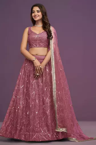 Pink Net sequin Embroidery Work Lehenga Choli With Dupatta