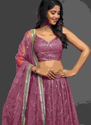 Pink Net sequin Embroidery Work Lehenga Choli With Dupatta 2