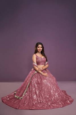 Pink Net sequin Embroidery Work Lehenga Choli With Dupatta 3