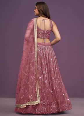 Pink Net sequin Embroidery Work Lehenga Choli With Dupatta 4