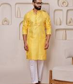 Men yellow cotton blend kurta with ethnic sequin embroidery