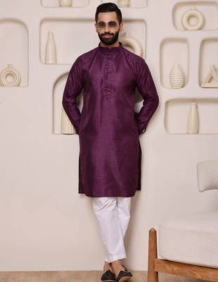 wine cotton mens kurta with sequin embroidered work 4