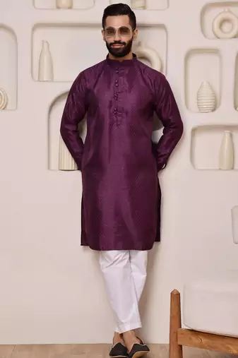 wine cotton mens kurta with sequin embroidered work