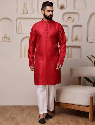 Men red embroidered kurta in cotton blend with sequin accents 1