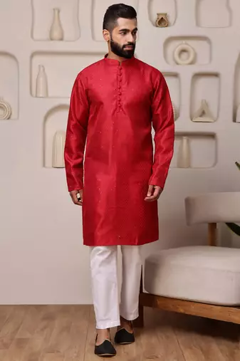 Men red embroidered kurta in cotton blend with sequin accents