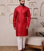 Men red embroidered kurta in cotton blend with sequin accents