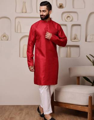Men red embroidered kurta in cotton blend with sequin accents 2