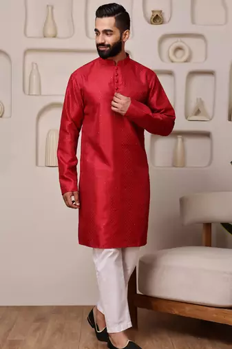 Men red embroidered kurta in cotton blend with sequin accents