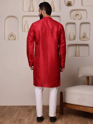 Men red embroidered kurta in cotton blend with sequin accents 3
