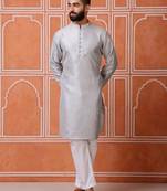 Men grey cotton kurta featuring vertical sequin detail