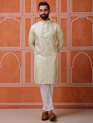 Men green kurta in cotton blend with vertical sequin embroidery 1