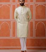 Men green kurta in cotton blend with vertical sequin embroidery