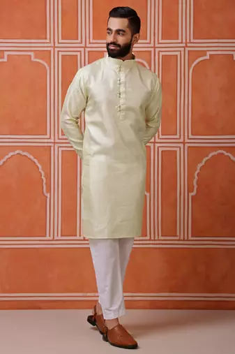 Men green kurta in cotton blend with vertical sequin embroidery